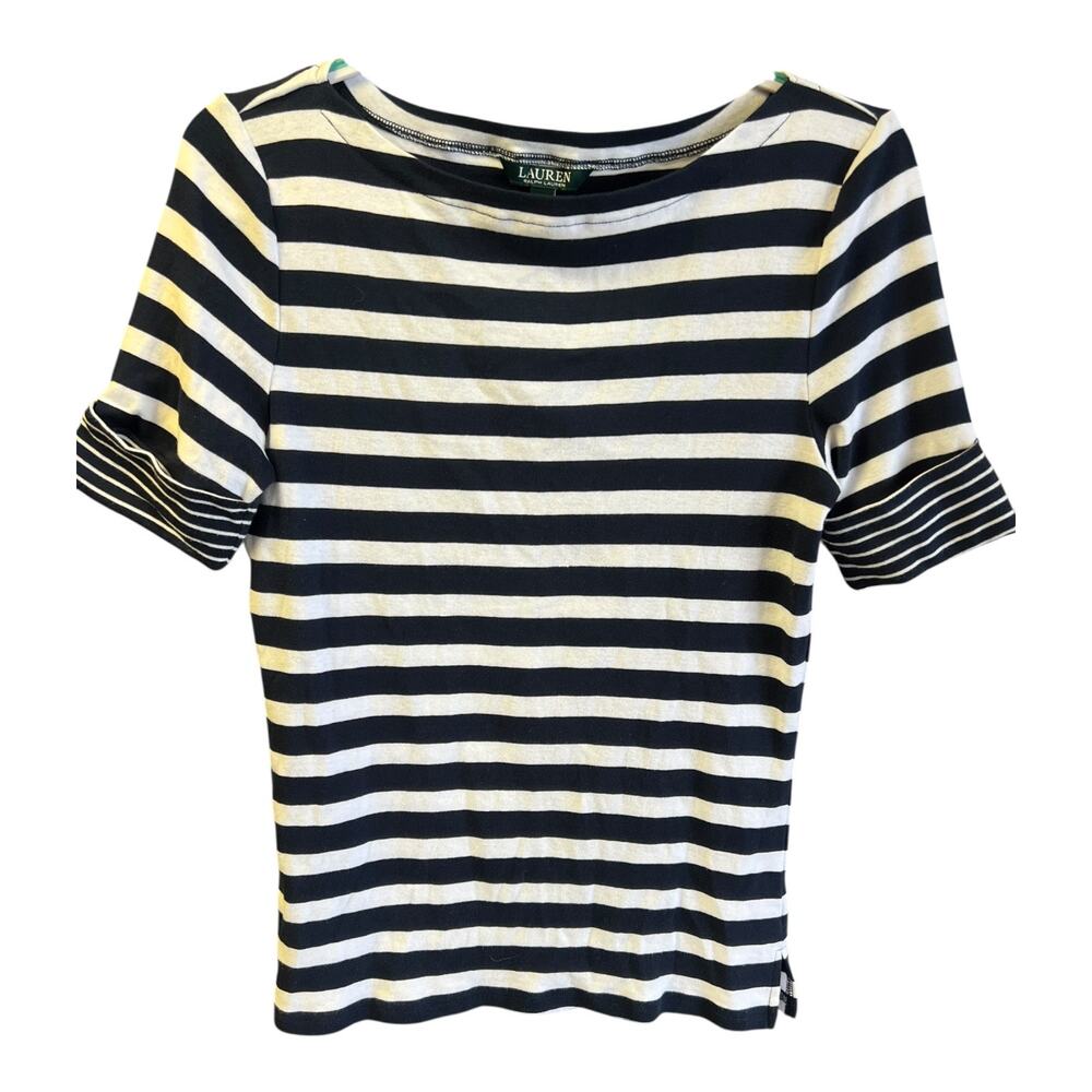 Ralph Lauren Women’s Top Size Large Black White Striped 100% Cotton Shirt Preppy